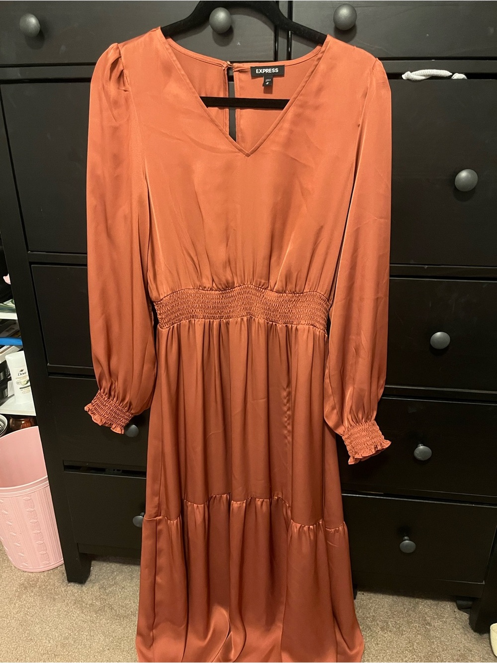 Express Rust Long Sleeve V-Neck Smocked Waist Midi Dress